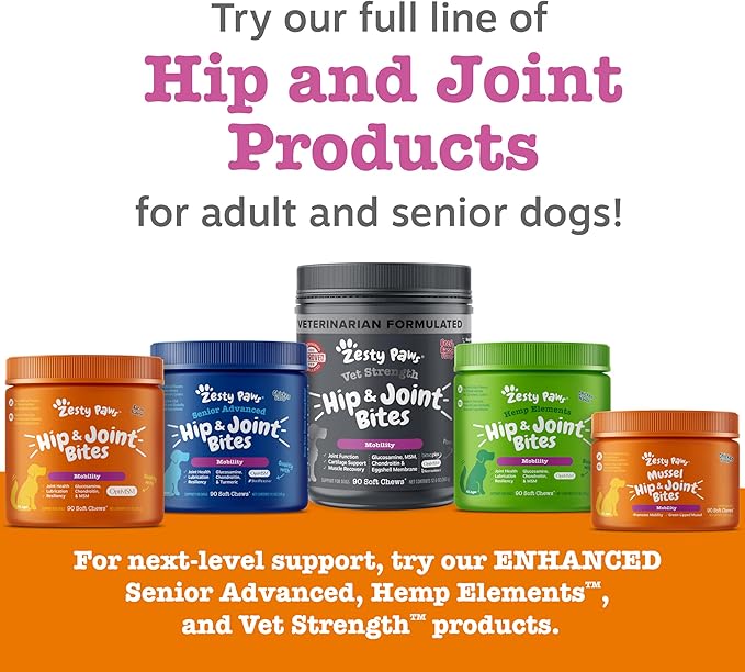 Zesty Paws Hip and Joint for Dogs, Glucosamine for Dogs Hip and Joint Supplement with Chondroitin, MSM, Vitamins C & E - Bacon, 90 Count