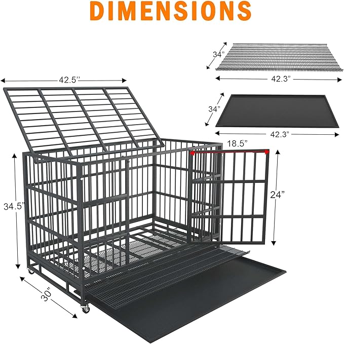 42 inch Heavy Duty Indestructible and Escape-Proof Dog Crate Cage Kennel for Large Dogs, High Anxiety Dog Crate with Removable Wire Trays and Wheels, Extra Large XL XXL, Black