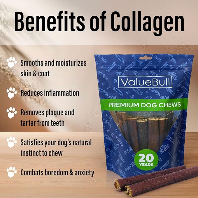 ValueBull Collagen Sticks for Small Dogs, 6 Inch Thin Chews, Natural Dog Treats, 200 Count Bulk Pack - Supports Joints, Skin & Coat with Chondroitin & Glucosamine