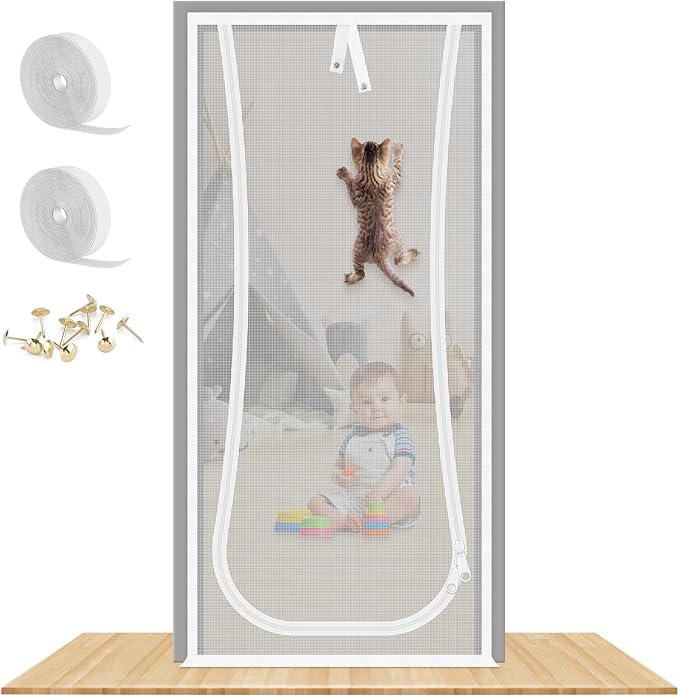 New Reinforced Cat Screen Door, Fits Door Size 36''x 80'' Heavy Duty Pets Proof Screen Door with Bilateral Zipper, Prevent Dogs Cats Running Out from Home, Bedroom,Living Room, Kitchen Patio Door