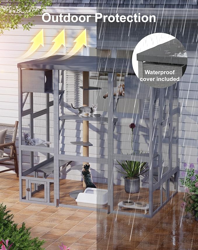 Large Catio Outdoor Cat Enclosure, Wall-Mounted Window Catio for Multiple Cats with Cats House, Multi-Level Platform, Scratching Post and Waterproof Cover, Outside Kitty Enclosure, Grey