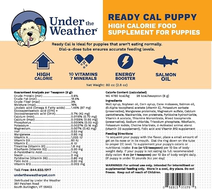 Under the Weather Pet | Ready Cal for Puppies 80cc | High Calorie Puppy Nutritional Supplement | Puppy Weight Gainer and High Calorie Booster | 10 Vitamins, 7 Minerals & Omega Fatty Acids
