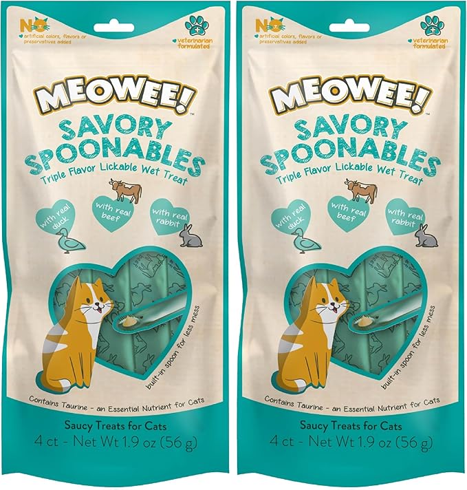 Savory Spoonables with Real Duck, Beef and Rabbit for Cats, 4 Count, Treat Your Cat to Triple Flavor Squeezable Lickable Wet Treats with Built-in Spoon for Less Mess (Pack of 2)