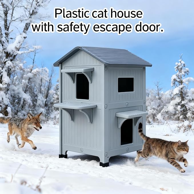 Weatherproof Outdoor Cat House for Feral Multi Cat, 2 Storey Insulated Elevated Plastic Cat Shelter with Escape Door, Easy Assemble, Expansive Interior‌ White 34" D x 21" W x 21.5" H
