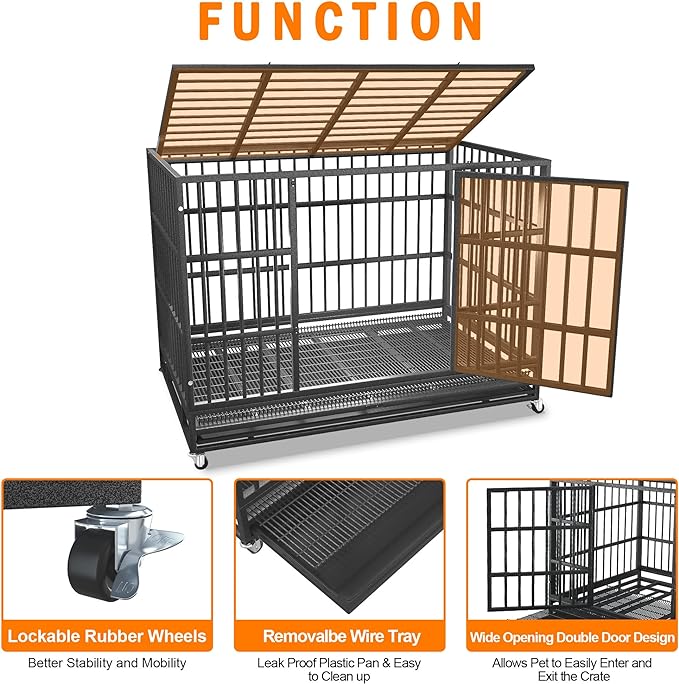 42 inch Heavy Duty Indestructible and Escape-Proof Dog Crate Cage Kennel for Large Dogs, High Anxiety Dog Crate with Removable Wire Trays and Wheels, Extra Large XL XXL, Black