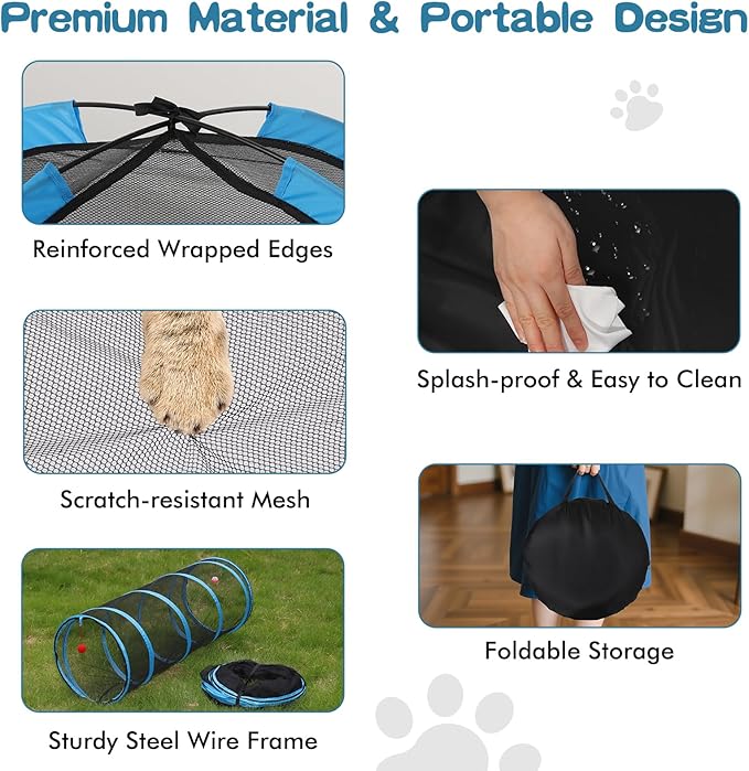 Outdoor Cat Enclosure, 4-in-1 Cat Tent Outdoor Pet Playpen with Tunnel, Portable Catio Play Pen for Outside and Indoor Cat Enclosure with Storage Bag for Kitty and Small Animals