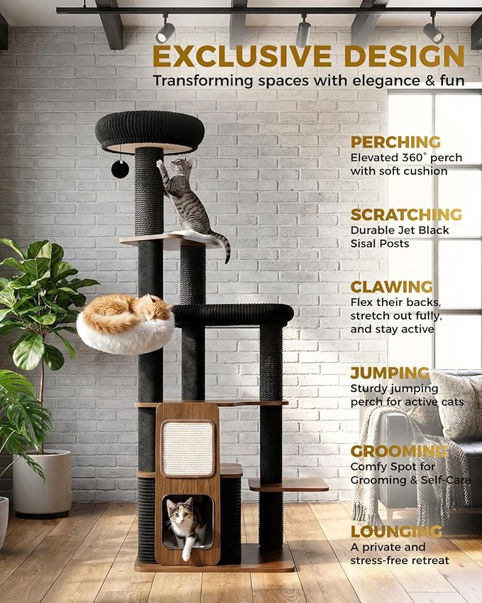 63" Modern Cat Tree Tower for Indoor Cats, Heavy Duty Cat Trees for Large Cat, Adult Maine Coon Cat Tree Tower with Scratching Post, Extra Large Top Perch, Cat Condos, Jet Black