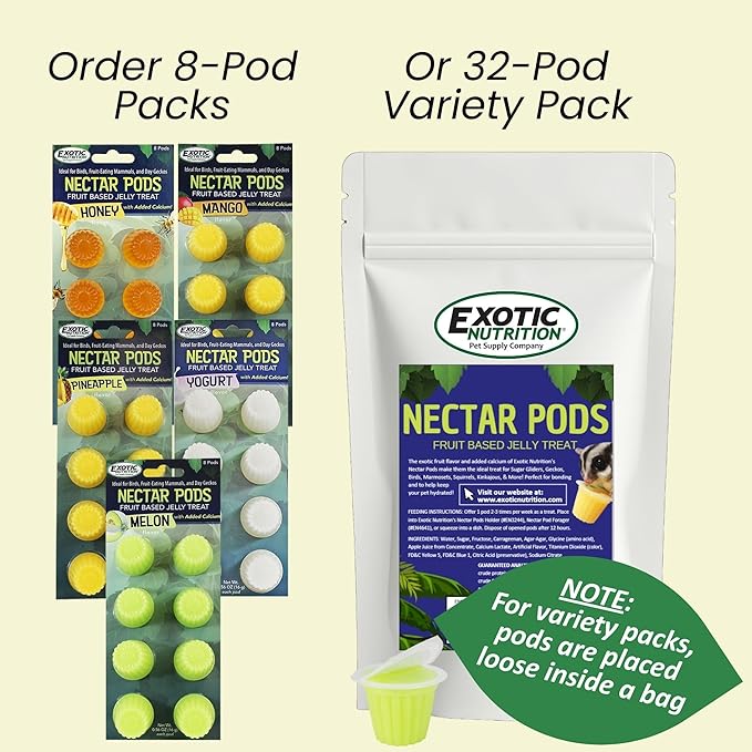 Nectar Pods (Variety 4 Pack) - Calcium-Fortified Jelly Fruit Treat - Sugar Gliders, Marmosets, Squirrels, Parrots, Cockatiels, Parakeets, Birds, Hamsters, Day Geckos, Kinkajous & Other Small Pets