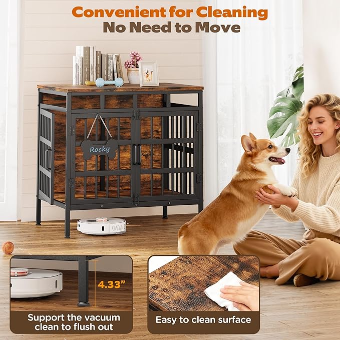 Dog Crate Furniture for Medium Dogs, Wooden Dog Kennel Furniture for Small Dogs, Double-Doors Sturdy Metal Dog Cage for Anxiety Dog, Anti Escape Wooden Cage with Name Tag End Table, TV Stand Brown