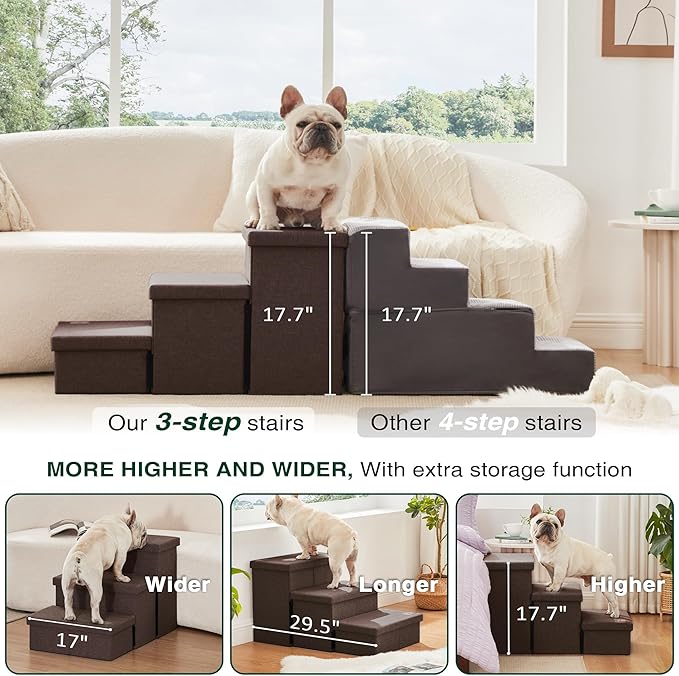 Love's cabin Dog Stairs for High Bed 18" H, Foldable Pet Stairs for Small Medium or Large Dogs Puppy with Storage for Bed or Couch, Cat Dog Steps Ramp with Zip up to 200 lbs, Coffee, 3 Steps