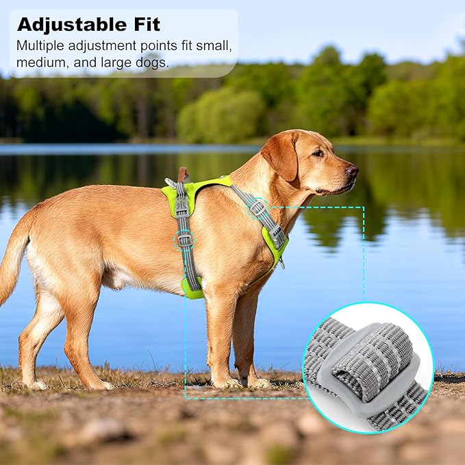 No Pull Dog Harness – Adjustable Reflective Nylon Vest for Small Medium Large Dogs, Escape Proof Training Harness with Leather Control Handle, Lightweight Aluminum Hardware (Green, M)