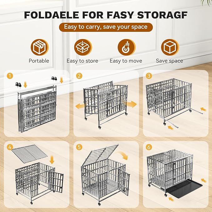 37" Heavy Duty Dog Crate, Escape Proof Stainless Steel Dog Kennel with Top Opening, 4 Lockable Wheels, Easy Clean Metal Dog Cage for Medium-Large/Anxious Dogs