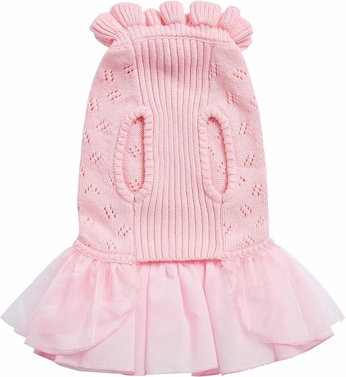 Blueberry Pet My Cutie Princess Ruffle Collar Dog Sweater Dress with Layered Tulle, Pink, Back Length 12", Fall Winter Clothes for Girl Dogs