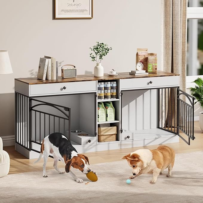 GAOMON Dog Crate Furniture for 2 Dogs, 78.7'' Large Dog Kennel Indoor with 2 Storage Drawers, 3 Shelves and Feeding Bowls, Double Dog Crate TV Stand for Small and Medium Dogs, White