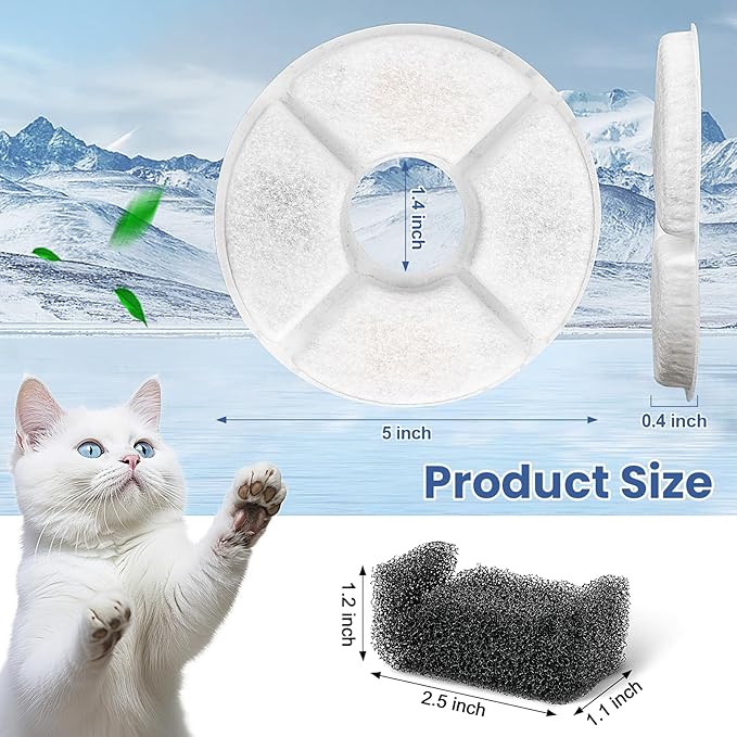 Cat Water Fountain Filter Replacement, 4 Pcs Cat Fountain Filters Dia is 5" with 3-Filtration System, Round Cats Carbon Filters Compatible with 81oz /2.4L Round Automatic Pet Fountain Water Dispenser