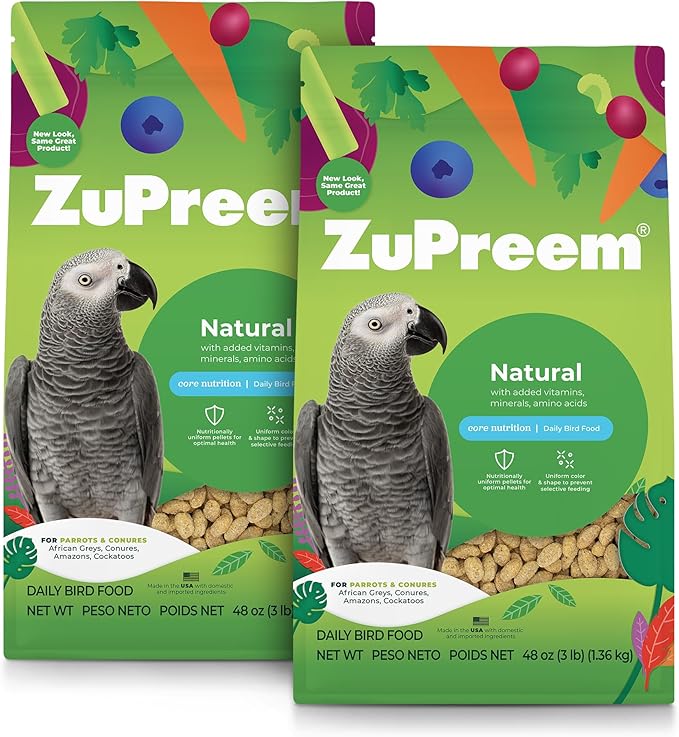 ZuPreem Natural Bird Pellets, Daily Large Bird Food for Amazon, Cockatoo, Macaw, Core Nutrition, Made in USA, Macaw Food, Natural Flavor (3 lb, Pack of 2)