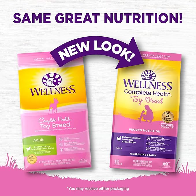 Wellness Complete Health Dry Dog Food for Small Dogs, Toy Breed, Wholesome Grains, Natural, Chicken, Brown Rice, & Peas Recipe, 4-Pound Bag