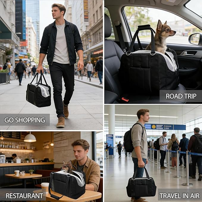 Dog Purse Carrier for Small Dogs, Small Cat Purse Carrier Soft with Large Pocket, Portable Pet Carrier Tote Bag with Safe Leash (Black)