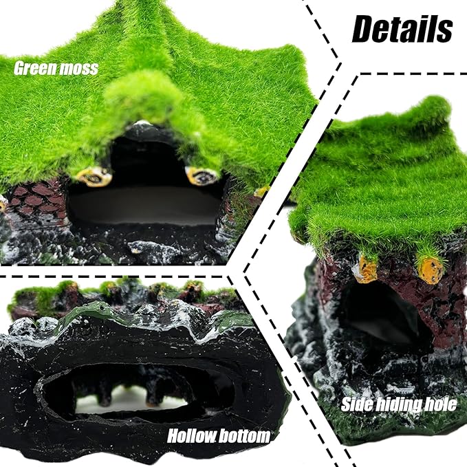 Tfwadmx Aquarium Decoration House Resin Hollow Betta Hideout House Fish Hide Tank Terrarium Accessories Cave Ornament for Small Shrimp Hideaway with Moss（2Pcs）