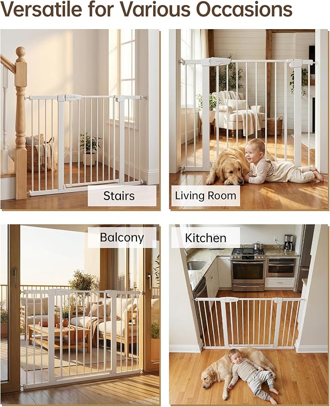 Baby Gate for Stairs, 29.92-48” Wide Pressure Mounted Baby Gate No Drill Needed, Auto Close Dog Gate for Doorways, Easy Walk Through Safety Child Gates for Toddler & Pet/Puppy, Indoor, White