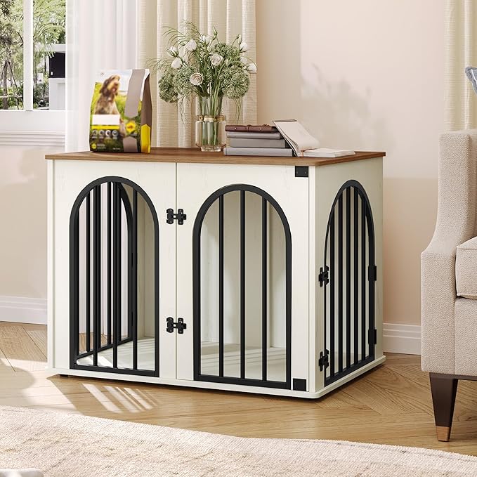 31.5'' Wooden Dog Crate Furniture, Indoor Dog Kennel Dogs Cage for Small/Medium Dogs, Heavy Duty Dog Crates Decorative Pet House End Side Table TV Stand, White Brown DFC85114B