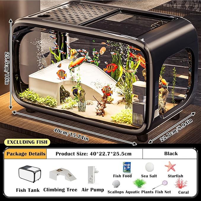 5 Gallon Fish Tank Kit with Air Pump, Climbing Frame, Fish Net, Food, Sea Salt, and Aquascaping for Betta, Small Fish, and Turtles - Ideal for Office and Home Decor