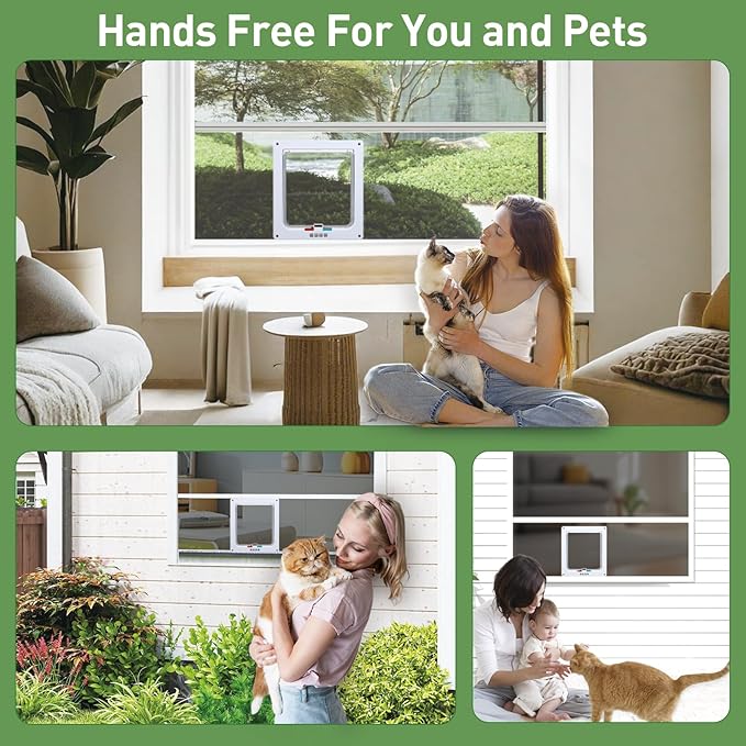 Cat Door for Window, Fits 18"-28" Width Window, Cat Window Door with 4 Locking Modes, Pet Friendly Window Cat Door Insert, Magnetic Closure, Weatherproof, Easy Installation, Clear Plexiglass
