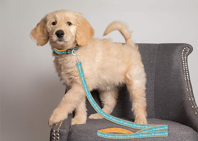 Pets First NFL Licensed Miami Dolphins Pet Leash, Size Small– Durable Satin Dog & Cat Walking Strap and Pet Tether with Embroidered Team Name & Logo
