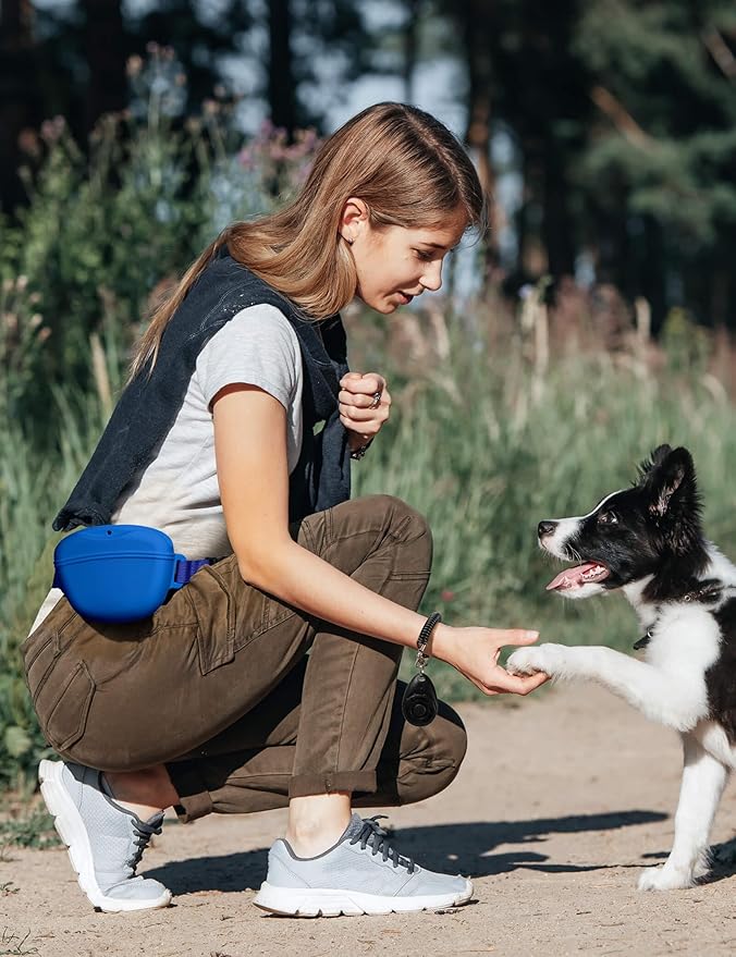 Dog Treat Pouch with Training Clicker, Upgrade Stronger Magnetic Closure to Avoid Spilling, 1.67 Cup Silicone Treat Bag Fanny Pack with Waist Belt for Pet Training Walking (Blue)