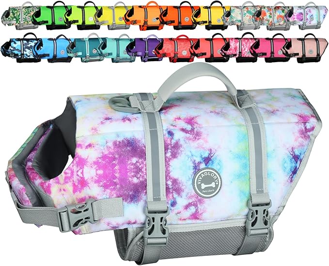 VIVAGLORY Rip Stop Dog Life Vest, Swimming Vest with Handle, Buoyancy for Doggy Puppy, Dog Life Jacket for Swimming & Boating, M, Multicolor