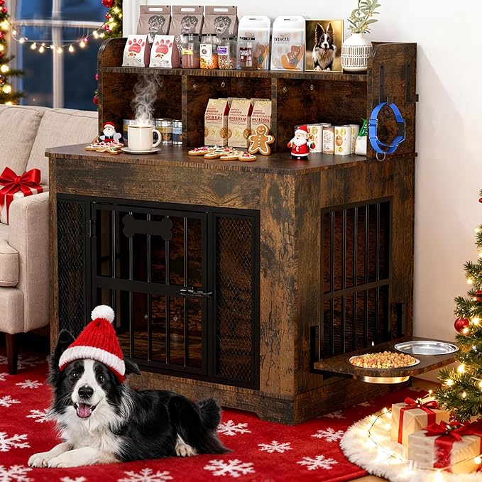 Petrova 33" Dog Crate Furniture for 1 Dogs, Heavy Duty Indoor Dog Kennel for Small/Medium Dogs, Wooden Dog Cage with 2 Stainless Steel Bowls, 4 Hooks, LED Light, Brown