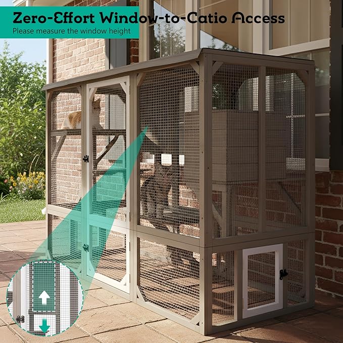 118" Large Catio Outdoor Cat Enclosure, Weatherproof Cat Patio Enclosures for Multiple Cats, Outside Kitty Cage Catio Window Access with 8 Jumping Platforms & 2 Resting Rooms