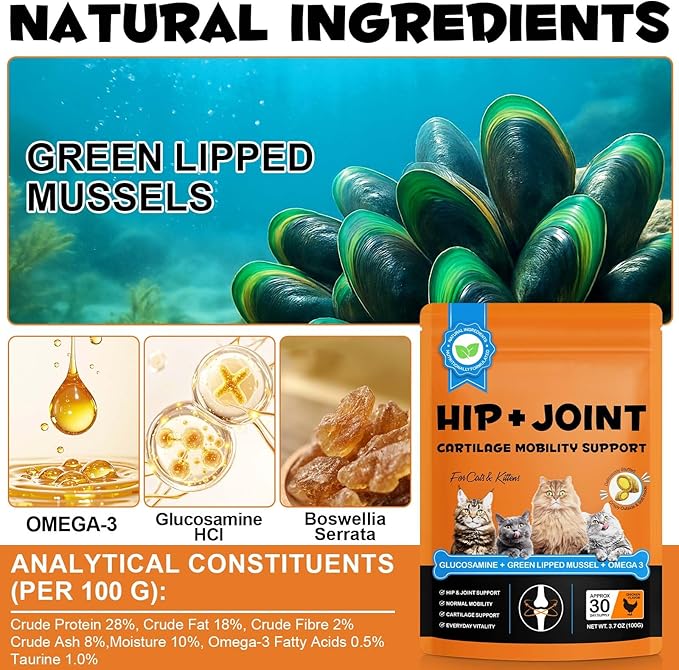 Cat Hip & Joint Health Chews – Cat Joint Support Supplement with Glucosamine, Green Lipped Mussel & Omega-3 – Supports Mobility, Flexibility & Cartilage Function (Chicken Flavor, 30-Day Supply)