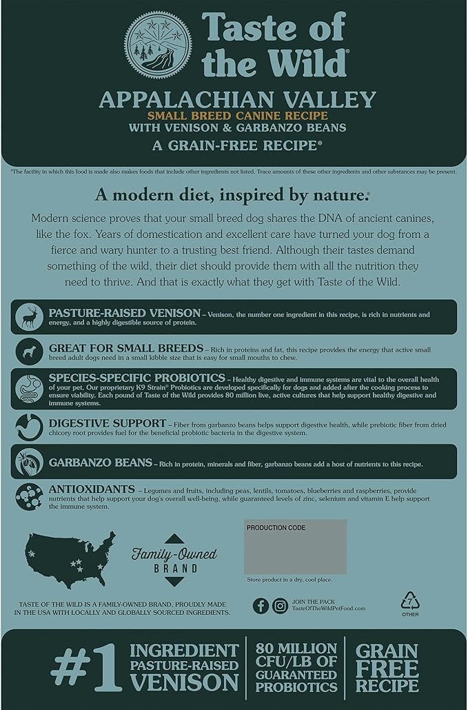 Taste of the Wild Appalachian Valley Small Breed Grain-Free Recipe with Roasted Venison Dry Adult Dog Food, Made with High Protein from Real Venison 14lb