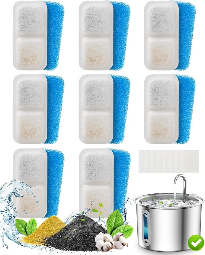 oneisall 8 Pack Replacement Filters for PWF-001 2L/67oz Cat Water Fountain Stainless Steel Water Fountain for Cats Inside, 3 Filtration System
