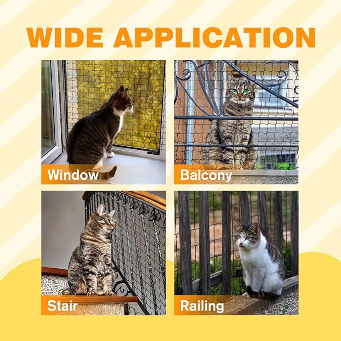 Steel Reinforced Cat Netting for Balcony Anti-Fall Fence Safety Net, Extra Strong Cat Net for Catio Safety Cat Balcony Netting for Pets Cat Proof Screen Pet Net Cat Balcony Protection Barrier10FTx20FT
