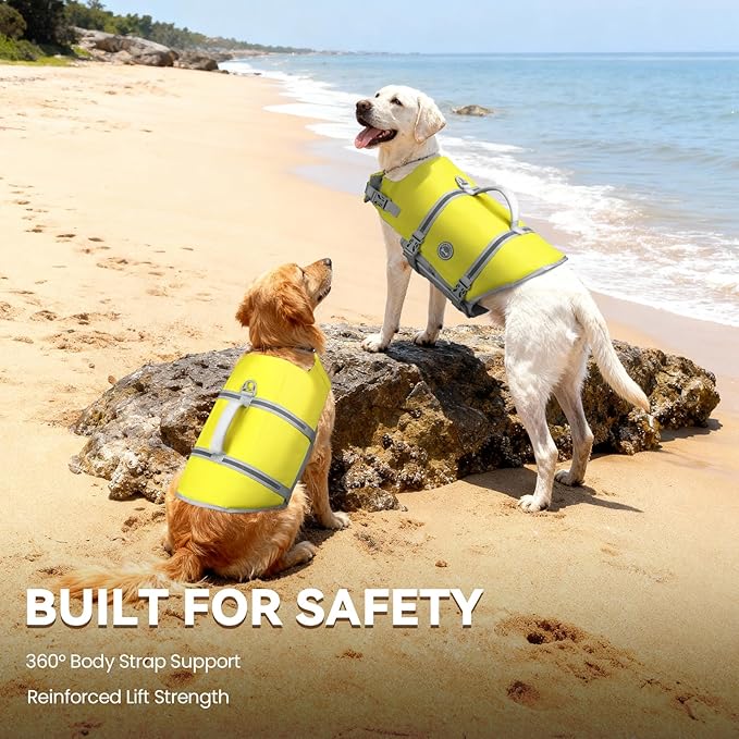 VIVAGLORY Rip Stop Dog Life Vest, Swimming Vest with Handle, Buoyancy for Doggy Puppy, Dog Life Jacket for Swimming & Boating, L, Yellow Grey