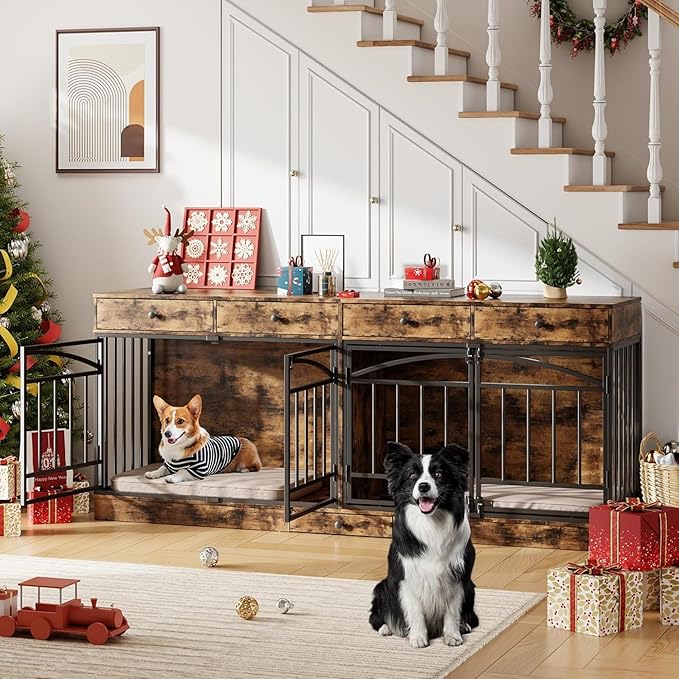 GAOMON Dog Crate Furniture for 2 Dogs, 78.7'' Large Dog Kennel Indoor with 4 Storage Drawers and Feeding Bowls, Double Dog Crate TV Stand for Small and Medium Dogs, Brown