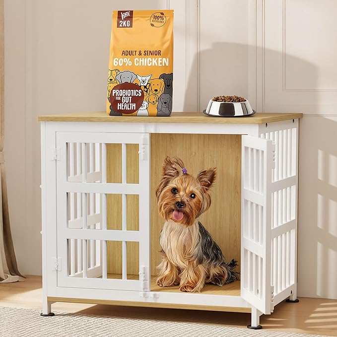 26'' Dog Crate Furniture Large Breed Dog Crate Dog Kennels for Inside Wooden Dog Crates End Table Heavy Duty Indoor Combination Cage for Medium to Large Dogs Oak