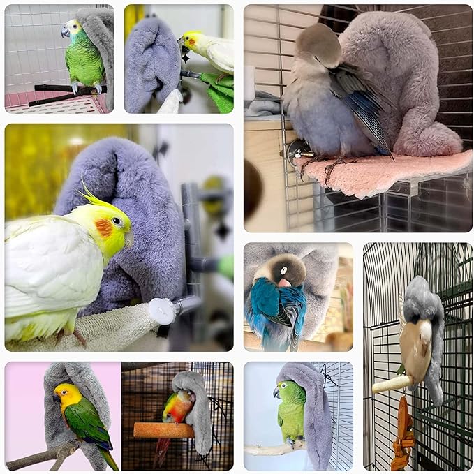 SIMENA Bird Blanket for Cage, Corner Fleece Bed for Birds, Cozy Bird Warmer, Parrot House for Cage, Cuddle Nest Hanging Toy for Lovebirds Parakeet (Grey, Large)