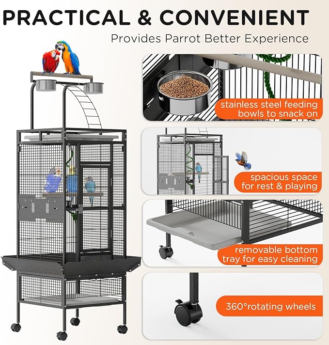 60 Inch Wrought Iron Large Bird Cage with Rolling Stand, Metal Parrot Cage with Play Top & 4 Stainless Steel Bowls for African Grey Cockatiel Sun Parakeet Green Cheek Conure Lovebird Budgie, Black