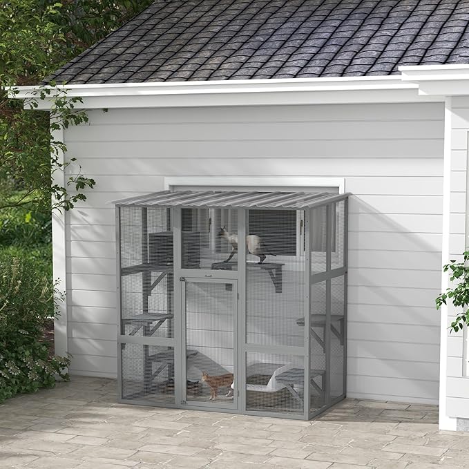 PawHut Catio Outdoor Cat Enclosure Window Box, Wooden Cat House Playground with Scratching Posts, Weather Protection Roof for 1-2 Kitties, Resting Boxes, 68" x 35.5" x 70.5", Gray