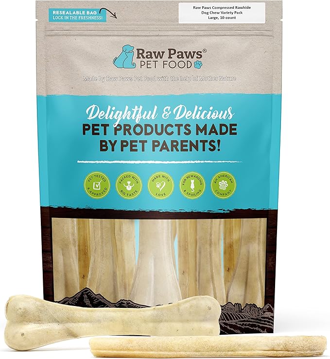 Raw Paws Compressed Rawhide Bones for Large Dogs (10 Pack) - Natural Raw Hides Large Dogs Long Lasting - Single Ingredient Rawhide Chews Dog Bones for Aggressive Chewers