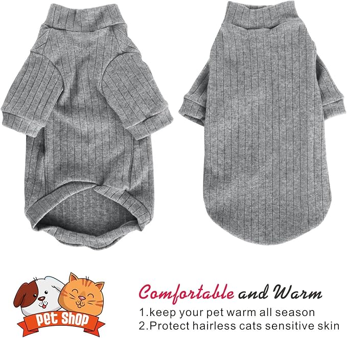 Idepet Sphynx Hairless Cats Sweater Shirt Kitten Soft Puppy Clothes Pullover Cute Cat Pajamas Jumpsuit Cotton Apparel Pet Winter Turtleneck for Cats and Teacup Chihuahua Small Dogs(Gray,M)