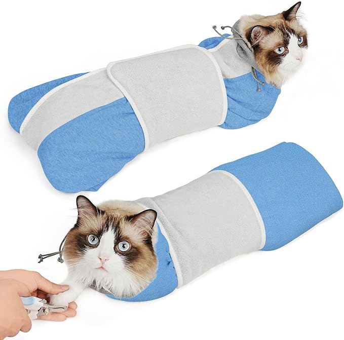Supet Cat Grooming Wrap for Cutting Nails, Self-Adhesive Anti-Scratch Swaddle with Bite-Proof Mesh Hood & Thick Waist Strap Anti-Escape Bag for Nail Trimming, Medication, Ear Cleaning (Blue S)