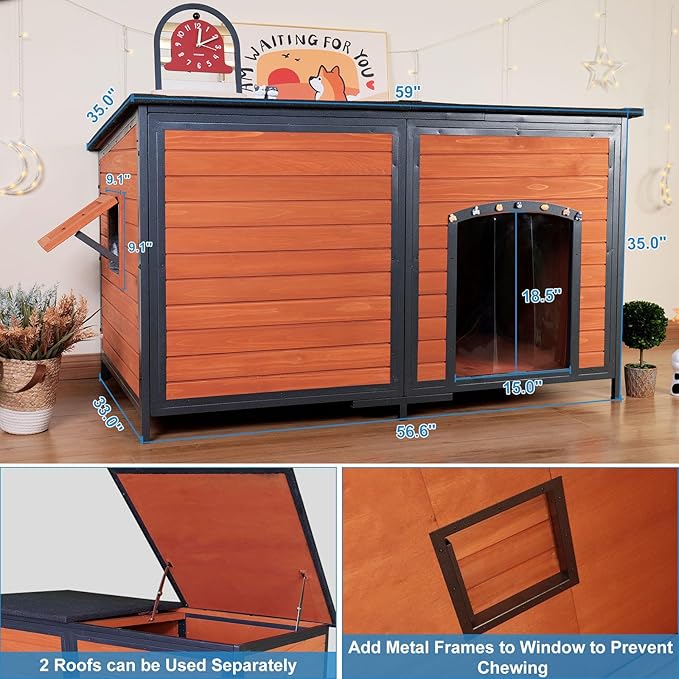 Extra Large Dog House Outdoor 59.1" L Outside Insulated Dog Kennel Weatherproof Winter, 6 Sides All-Round Foam for Small Medium Large Extra Large Dogs, Strong Metal Chew Proof Frame Window