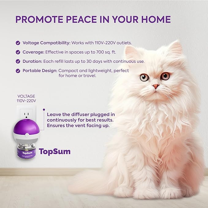TopSum Cat Pheromones Calming Diffuser: 1 Diffuser & 3 Refills Top Value Kit Cat Calming Diffuser – Helps Reduce Scratching Peeing Meowing Hiding Urine Marking Aggression