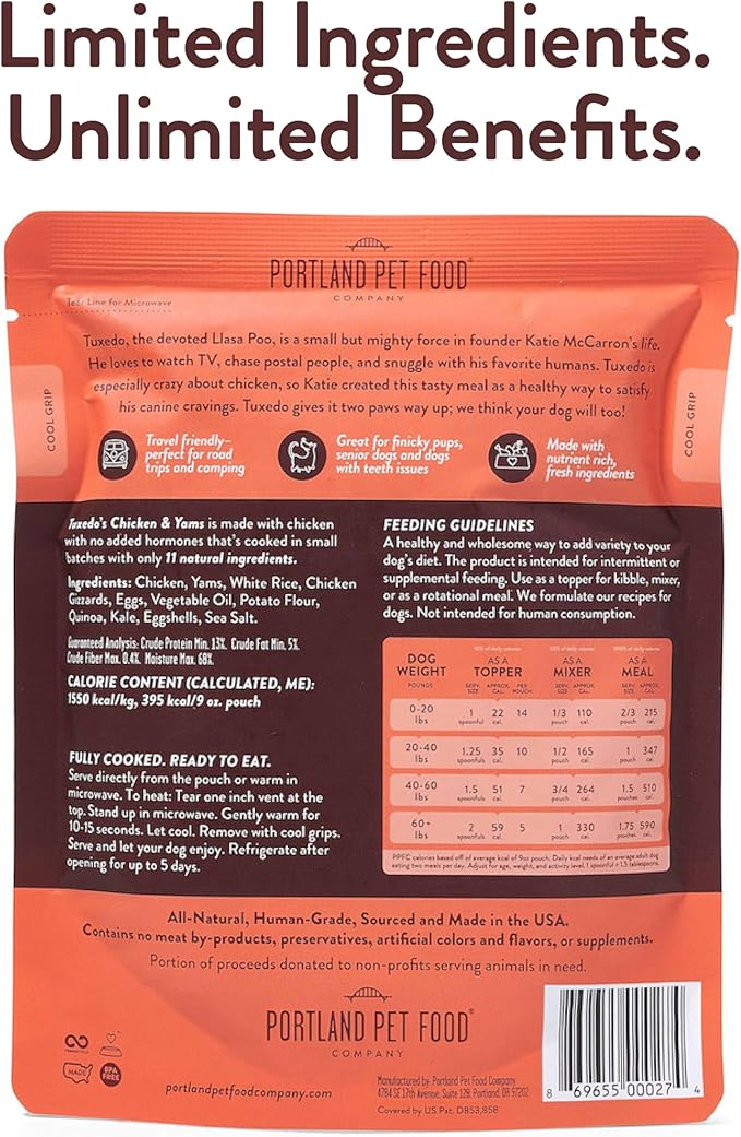 Portland Pet Food Company Fresh Dog Food Pouches - Human-Grade Toppers Wet Pet Meal & Mixers - Gluten-Free Limited Ingredient Tuxedo’s Chicken & Yams - Large & Small Breed Puppy & Senior Dogs - 8 Pack