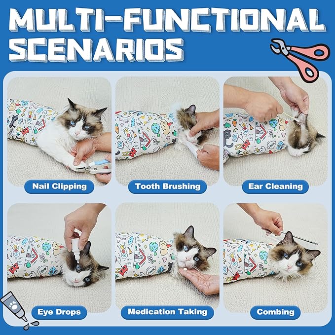 Supet Cat Grooming Wrap for Cutting Nails, 2026 Self-Adherent Anti-Escape Calming Cat Swaddle Wrap for Medicine, Nail Clipping, Teeth Brushing, Ear Cleaning (Cartoon, XL)