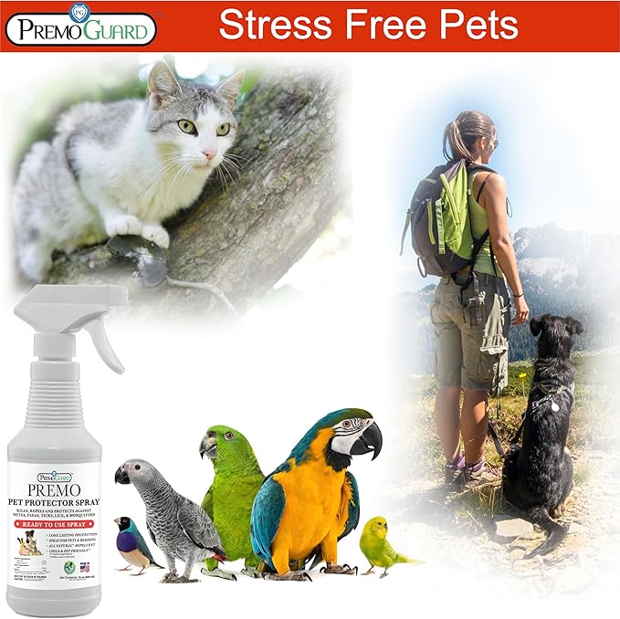 Premo Guard Pet Protector Spray - 32 oz - Kills Mites, Fleas, Ticks, & Mosquitoes - for Dogs, Cats, & Home - Natural Plant Based Oils for Control, Prevention & Treatment - Family Safe
